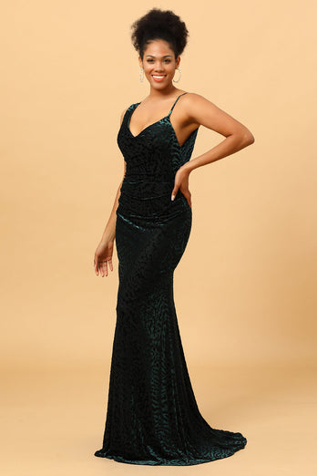 Dark Green Mermaid Velvet Backless Long Bridesmaid Dress