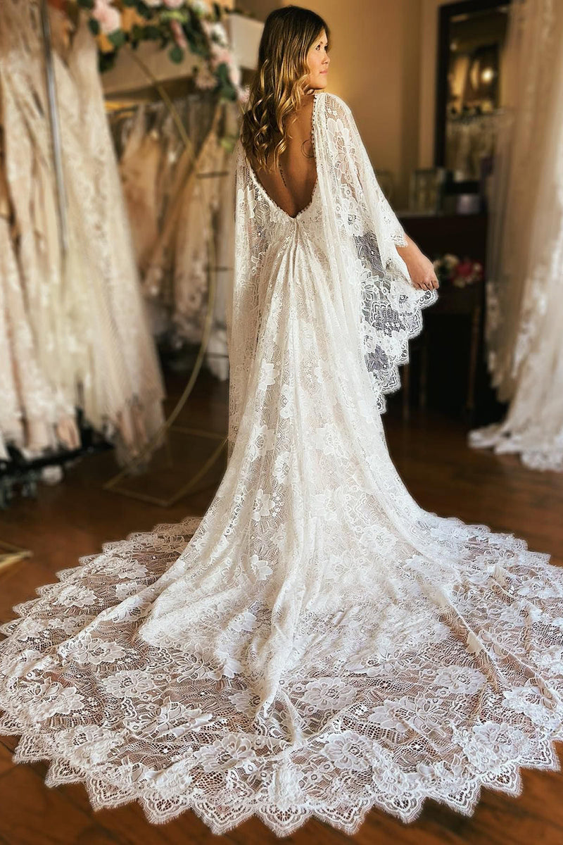 Load image into Gallery viewer, Ivory Long Sleeve Cape Lace Mermaid Wedding Dress with Appliques