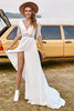 Load image into Gallery viewer, Ivory Lace Chiffon Half Sleeves Boho Wedding Dress With Slit