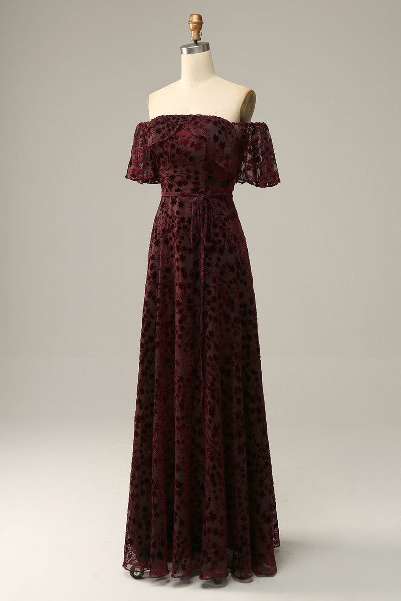 Load image into Gallery viewer, Burgundy Flower Off The Shoulder Prom Dress