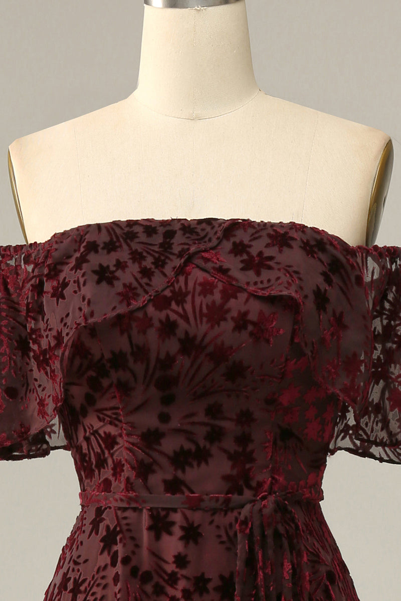 Load image into Gallery viewer, Burgundy Flower Off The Shoulder Prom Dress