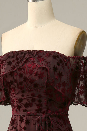 Burgundy Flower Off The Shoulder Prom Dress