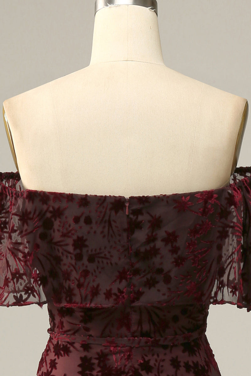 Load image into Gallery viewer, Burgundy Flower Off The Shoulder Prom Dress