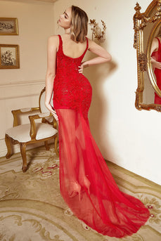 Asymmetrical High Low V Neck Red Plus Size Prom Dress with Embroidery