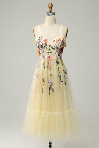 Tulle Champagne Spaghetti Straps Prom Dress With 3D Flowers