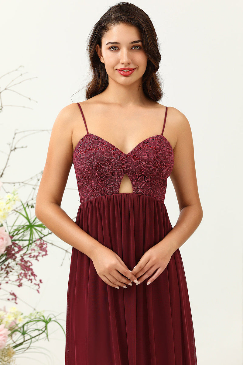 Load image into Gallery viewer, Burgundy Spaghetti Straps Lace Bridesmaid Dress with Hollow-out