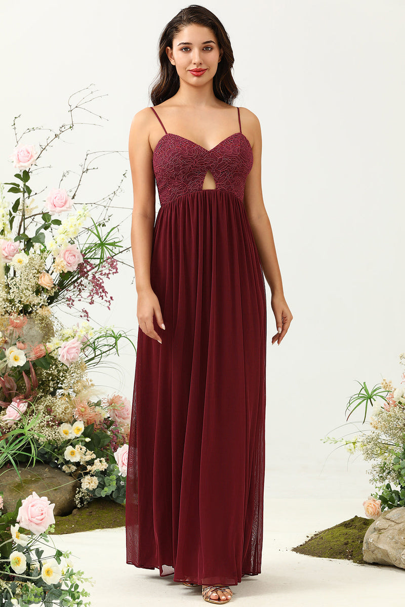 Load image into Gallery viewer, Burgundy Spaghetti Straps Lace Bridesmaid Dress with Hollow-out