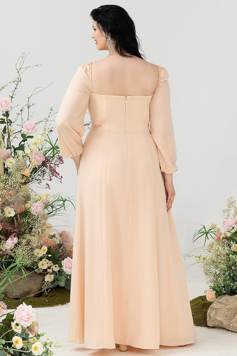 Load image into Gallery viewer, Square Neck Peach Plus Size Bridesmaid Dress with Sleeves