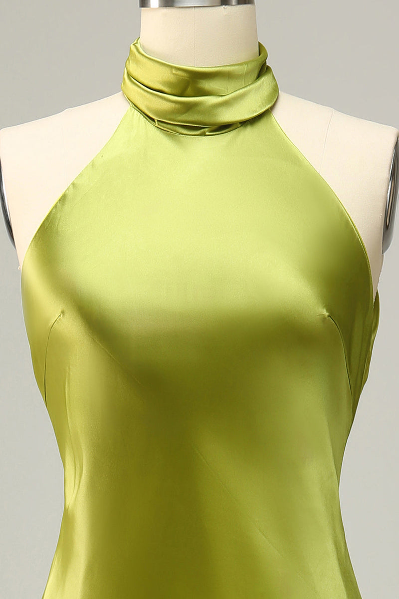 Load image into Gallery viewer, Halter Open Back Lemon Green Long Bridesmaid Dress