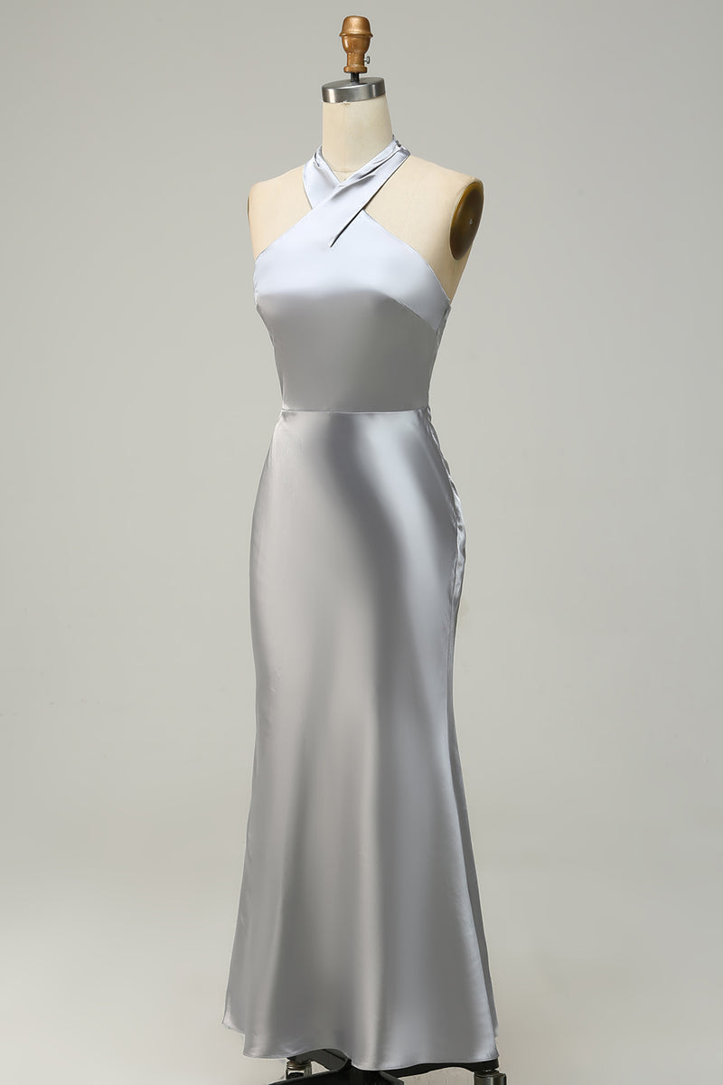 Load image into Gallery viewer, Halter Mermaid Silver Long Prom Dress