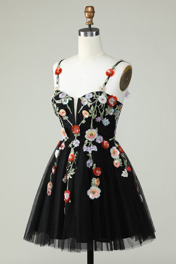 Spaghetti Straps Black A Line Sequin Flowers Short Prom Dress