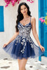 Load image into Gallery viewer, Stylish A Line Navy Spaghetti Straps Short Prom Dress With Criss Cross Back