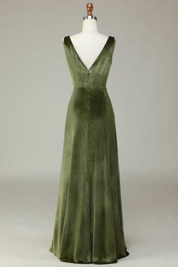 V-Neck Sleeveless Olive Velvet Bridesmaid Dress