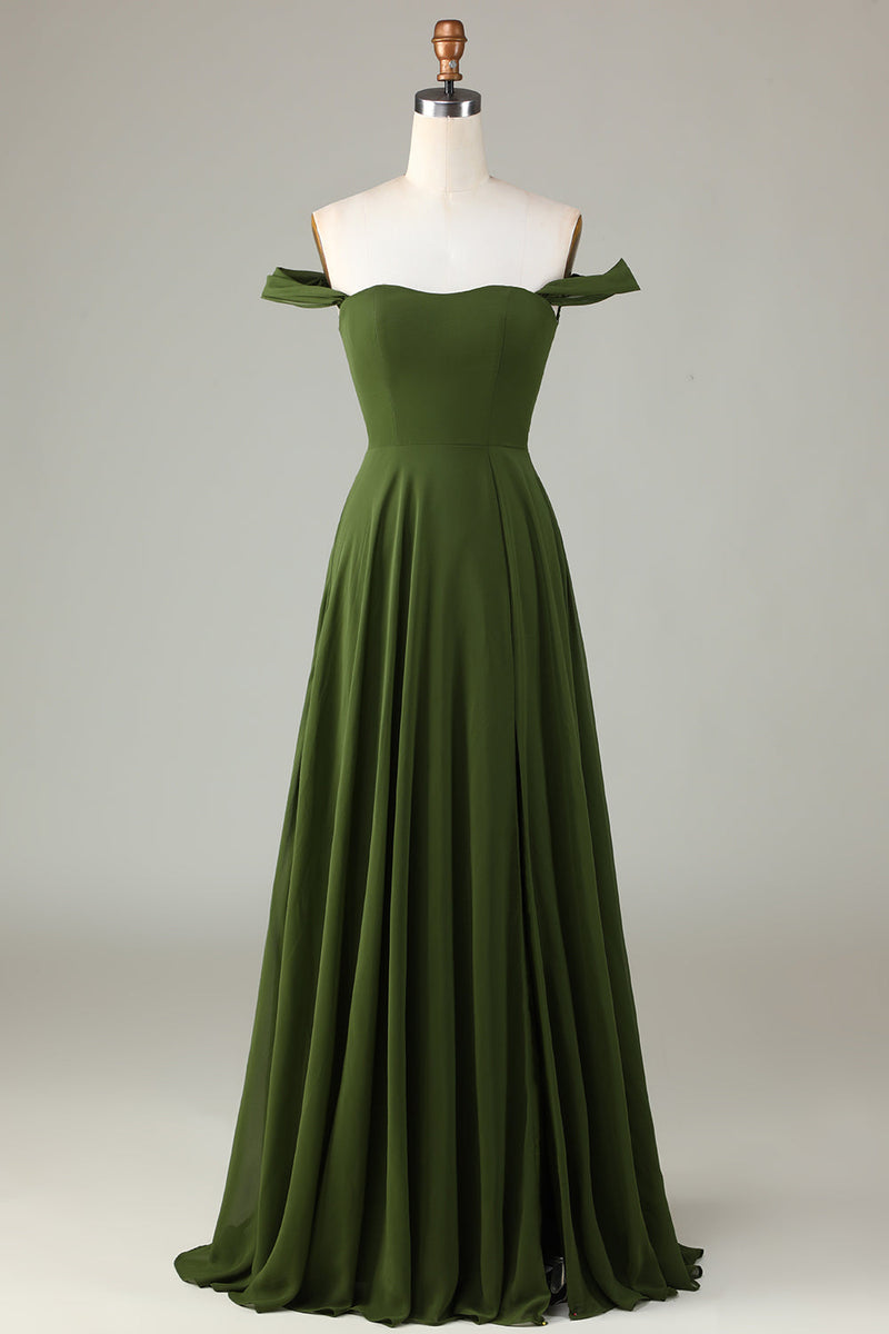 Load image into Gallery viewer, A-Line Off The Shoulder Olive Bridesmaid Dress with Slit