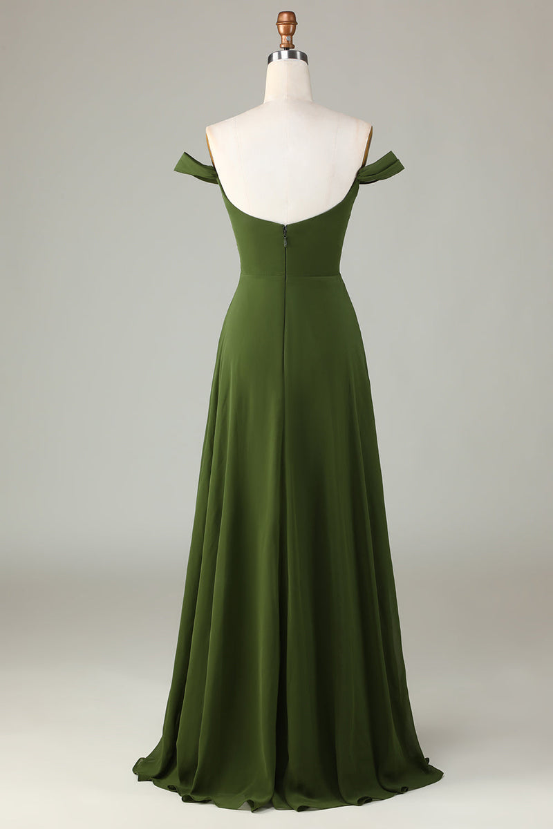 Load image into Gallery viewer, A-Line Off The Shoulder Olive Bridesmaid Dress with Slit