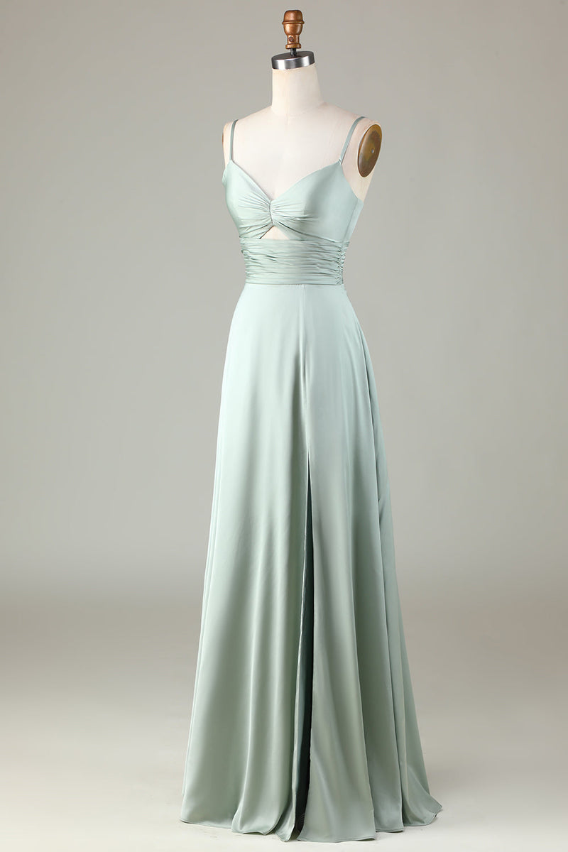 Load image into Gallery viewer, Keyhole Spaghetti Straps Matcha Bridesmaid Dress with Slit