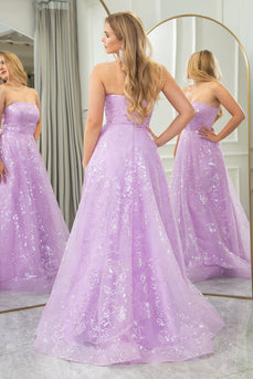 Sparkly Lilac A Line Strapless Long Prom Dress With Embroidery