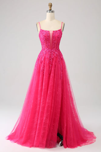 Fuchsia A-Line Corset Lace Long Prom Dress with Slit