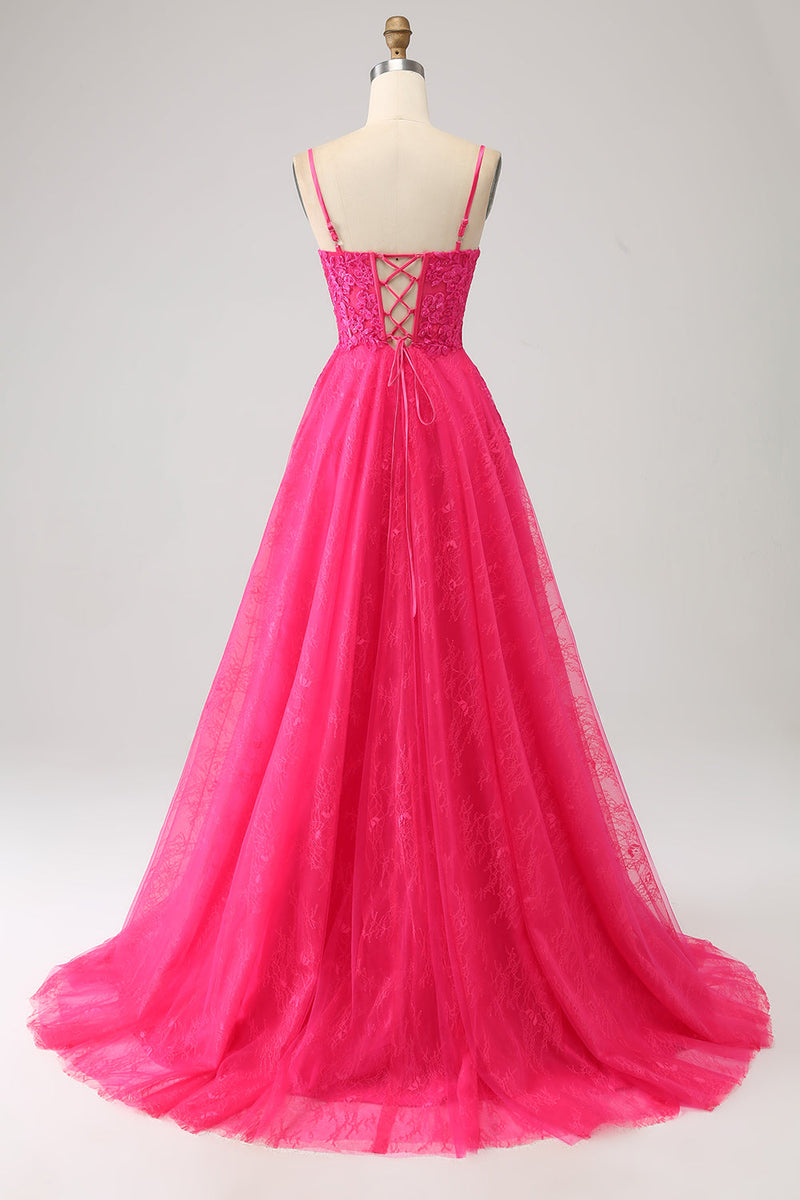 Load image into Gallery viewer, Fuchsia A-Line Corset Lace Long Prom Dress with Slit