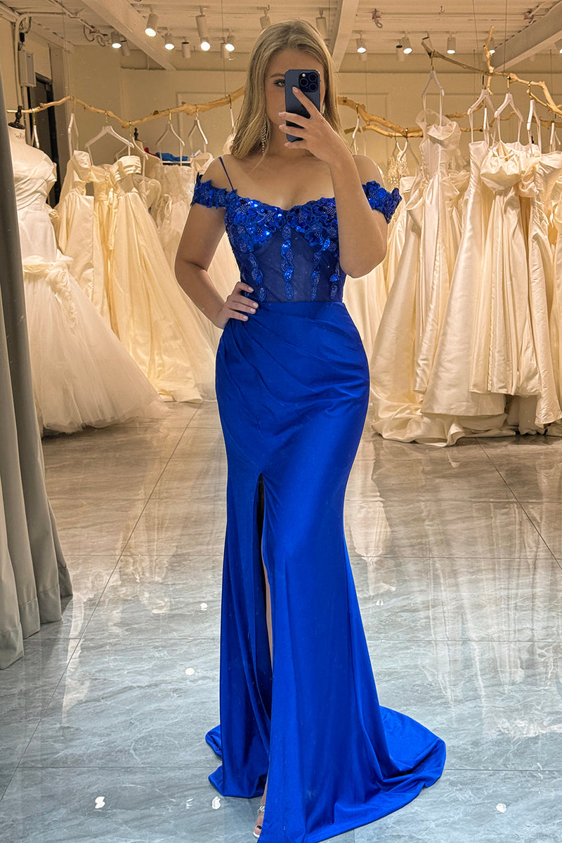 Load image into Gallery viewer, Sparkly Royal Blue Mermaid Long Prom Dress With Sequined Appliques