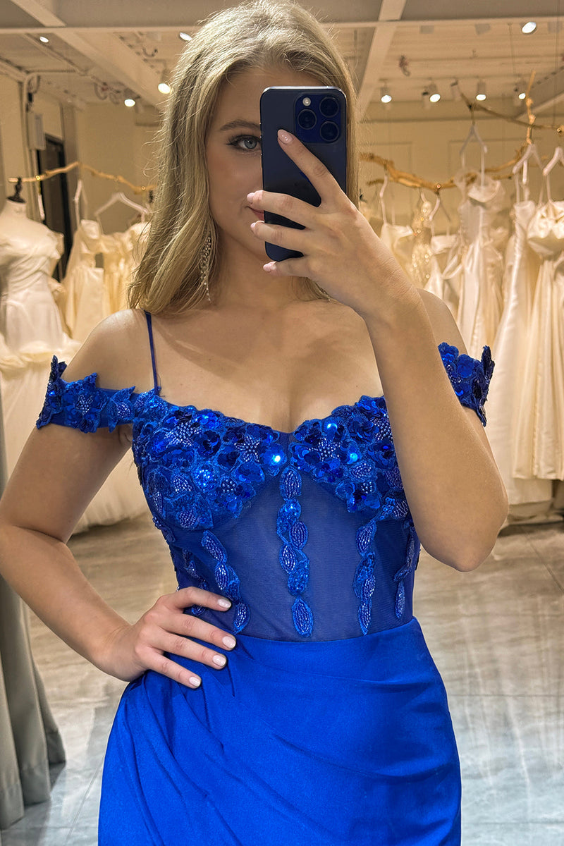 Load image into Gallery viewer, Sparkly Royal Blue Mermaid Long Prom Dress With Sequined Appliques