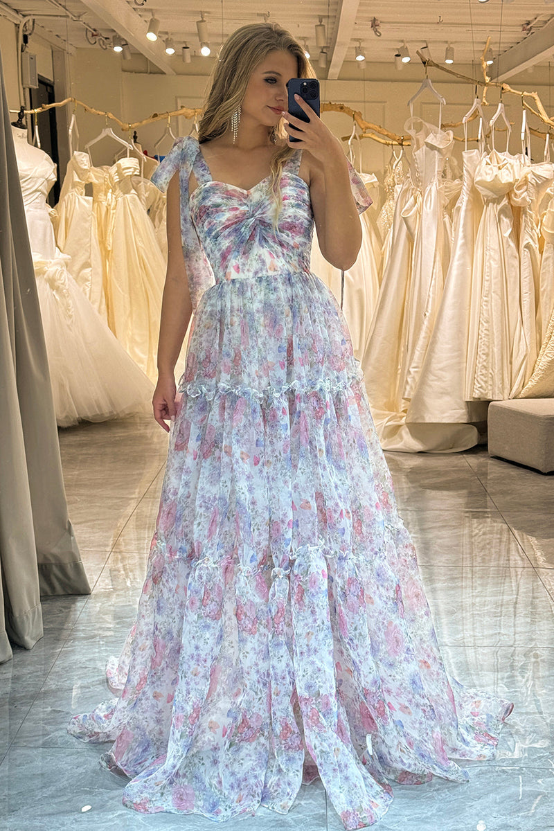 Load image into Gallery viewer, Floral Print A Line Adjustable Straps Tulle Long Prom Dress