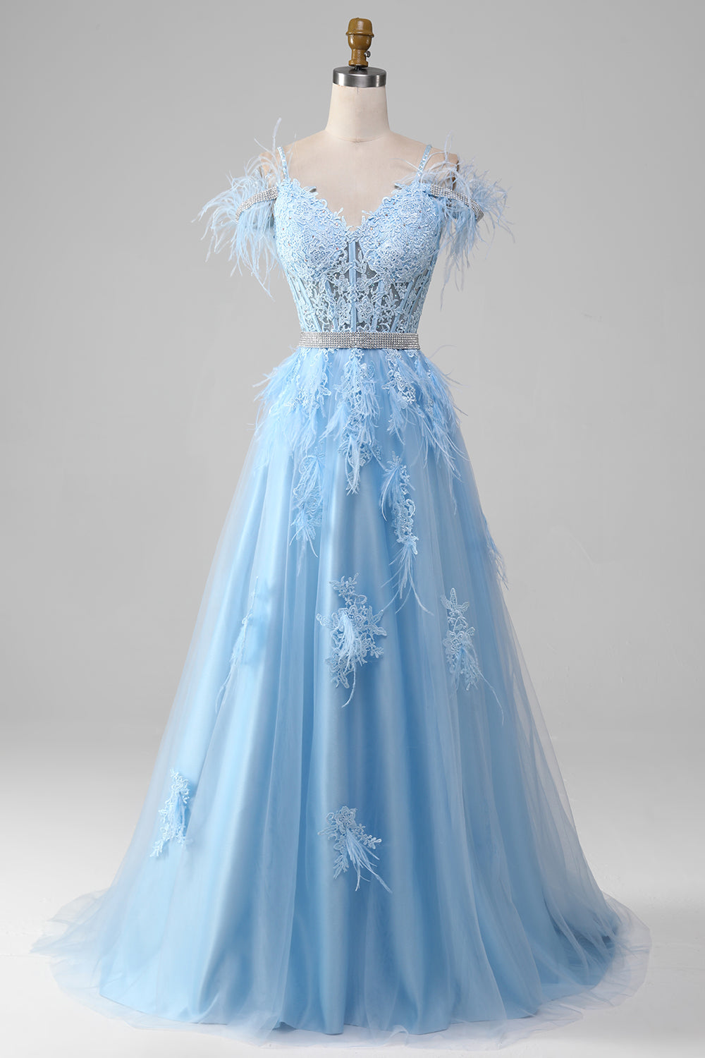 Light Blue A-Line Rhinestones Accents Corset Prom Dress With Appliques