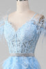 Load image into Gallery viewer, Light Blue A-Line Rhinestones Accents Corset Prom Dress With Appliques