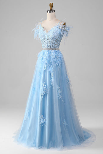 Light Blue A-Line Rhinestones Accents Corset Prom Dress With Appliques