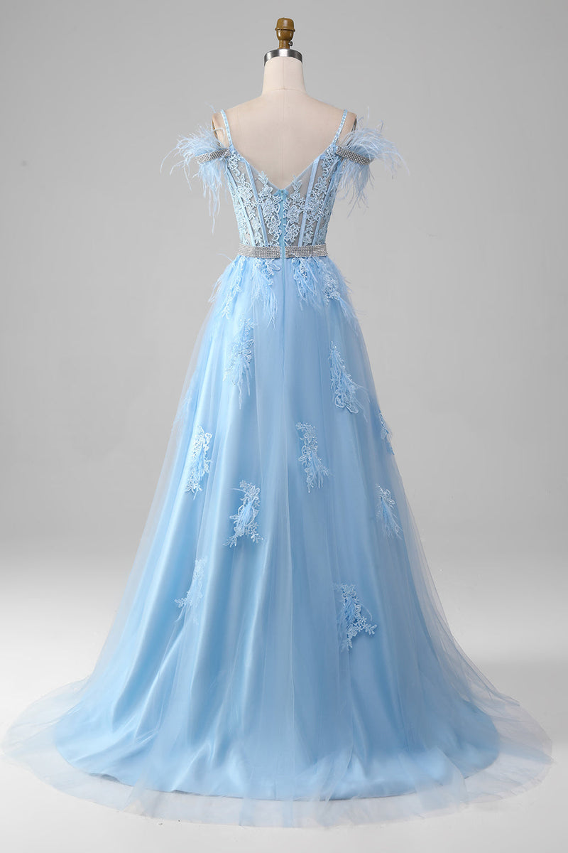 Load image into Gallery viewer, Light Blue A-Line Rhinestones Accents Corset Prom Dress With Appliques