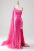 Load image into Gallery viewer, Sparkly Fuchsia Mermaid One Shoulder Long Corset Prom Dress With Slit