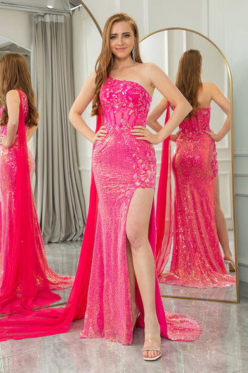 Sparkly Fuchsia Mermaid One Shoulder Long Corset Prom Dress With Slit