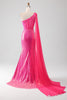 Load image into Gallery viewer, Sparkly Fuchsia Mermaid One Shoulder Long Corset Prom Dress With Slit