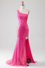 Load image into Gallery viewer, Sparkly Fuchsia Mermaid One Shoulder Long Corset Prom Dress With Slit