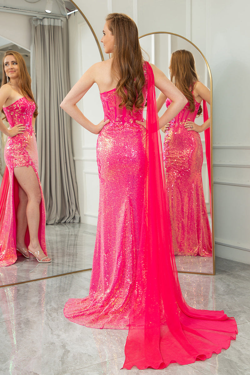 Load image into Gallery viewer, Sparkly Fuchsia Mermaid One Shoulder Long Corset Prom Dress With Slit