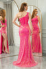 Load image into Gallery viewer, Sparkly Fuchsia Mermaid One Shoulder Long Corset Prom Dress With Slit