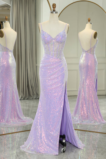 Glitter Light Purple Mermaid Backless Long Corset Prom Dress With Slit