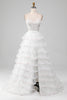 Load image into Gallery viewer, White A-Line Sparkly Sequin Ruffle Skirt Corset Prom Dress With Slit