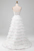 Load image into Gallery viewer, White A-Line Sparkly Sequin Ruffle Skirt Corset Prom Dress With Slit