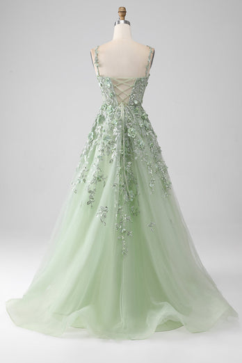 Sage A-Line Detachable Sleeves Long Corset Prom Dress with Flowers