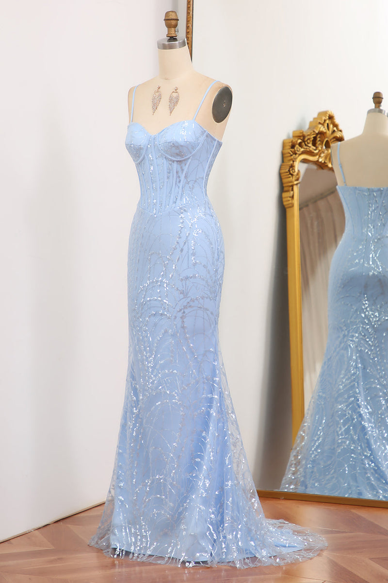 Load image into Gallery viewer, Glitter Light Blue Mermaid Long Prom Dress With Sequined Appliques