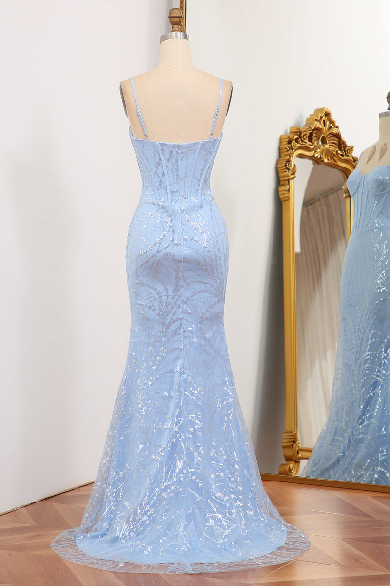 Load image into Gallery viewer, Glitter Light Blue Mermaid Long Prom Dress With Sequined Appliques