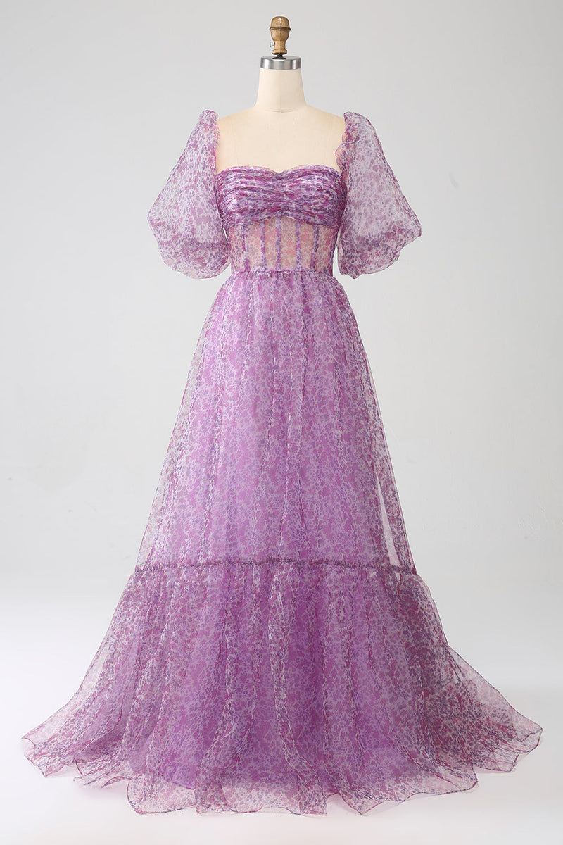 Load image into Gallery viewer, A-Line Square Neck Purple Corset Prom Dress with Half Sleeves