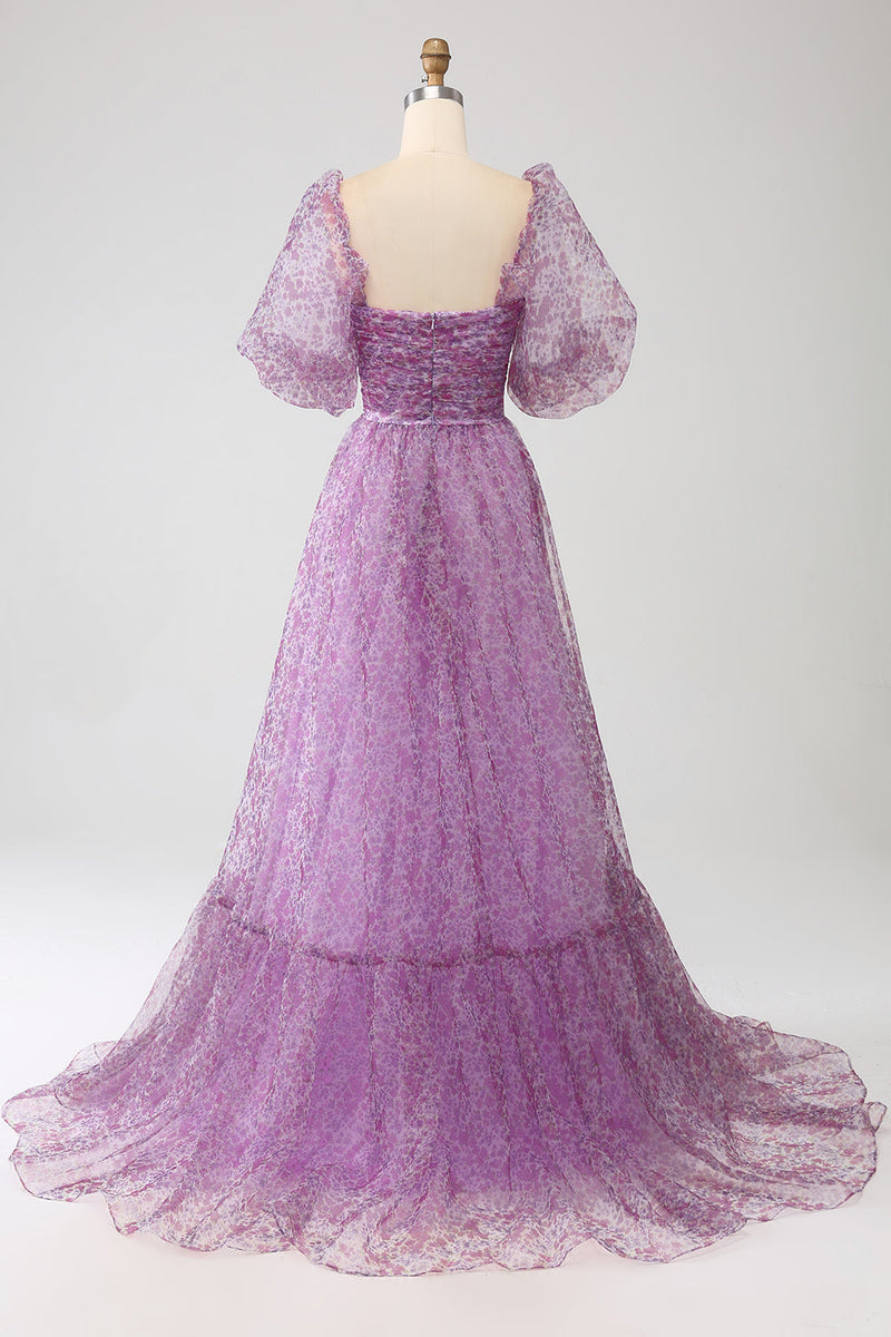 Load image into Gallery viewer, A-Line Square Neck Purple Corset Prom Dress with Half Sleeves