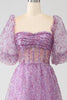 Load image into Gallery viewer, A-Line Square Neck Purple Corset Prom Dress with Half Sleeves