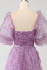 Load image into Gallery viewer, A-Line Square Neck Purple Corset Prom Dress with Half Sleeves