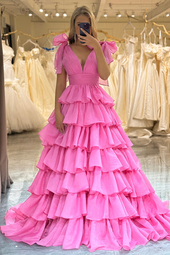 Hot Pink A Line V Neck Long Tiered Prom Dress