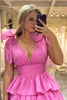 Load image into Gallery viewer, Hot Pink A Line V Neck Long Tiered Prom Dress