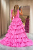 Load image into Gallery viewer, Hot Pink A Line V Neck Long Tiered Prom Dress