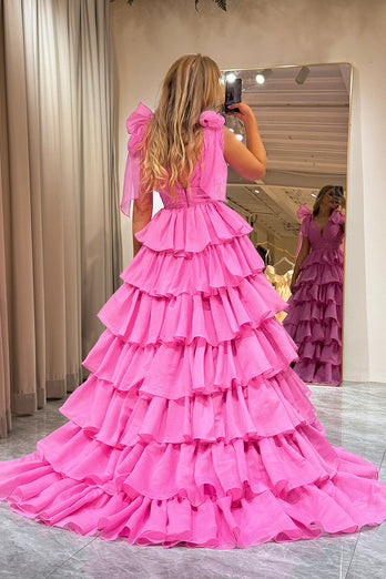 Hot Pink A Line V Neck Long Tiered Prom Dress